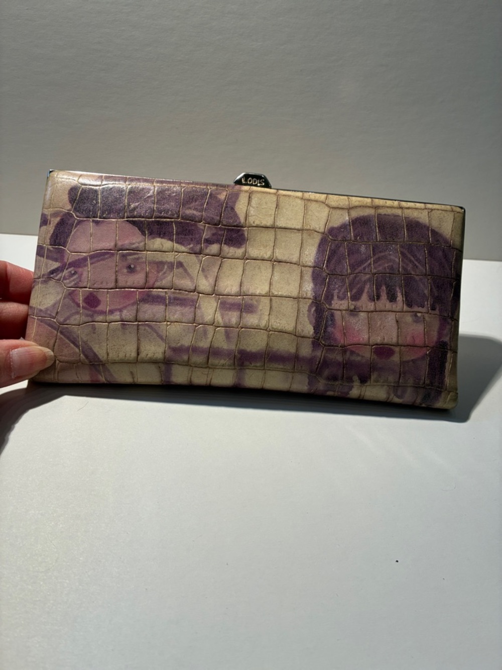 Lodis Croc-Embossed Wallet in Purple and Cream with Cartoon Motif